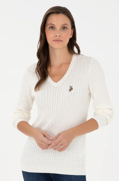 Women's Ecru Basic V Neck Sweater