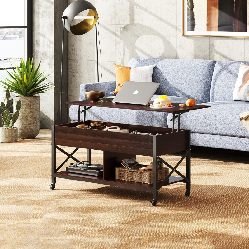 

GALAXHERO Lift Top Coffee Table with 4 Wheels Hidden Compartment Storage Shelf and Lift Tabletop for Living Room Reception Room