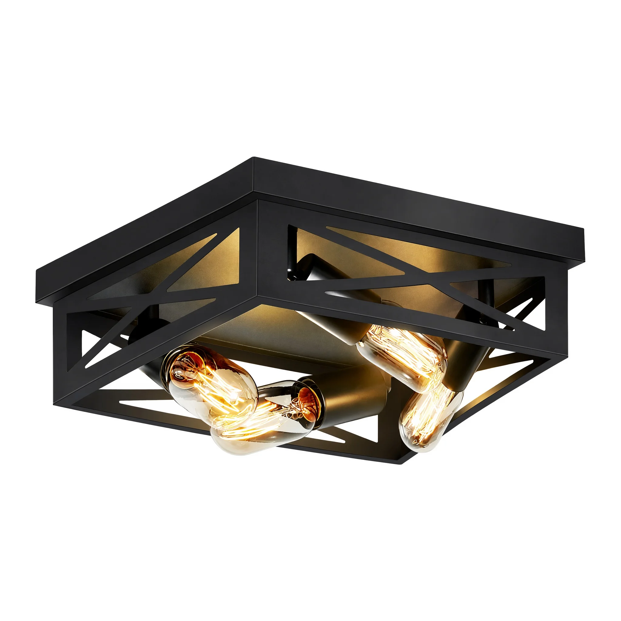 2 Pack 4-Light Matte Black Farmhouse Ceiling Light, Vintage Geometric Hollow Metal Flush Mount Lamp, Industrial Close to Ceiling Lighting for Dining Room, Bedroom (Bulbs Not Included)