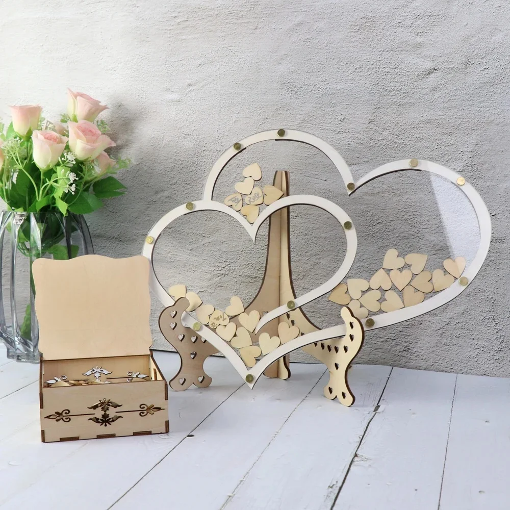 Podwójne serce kształt ślub gość scrapbooking rustykalne słodkie serce skrzynka na listy ślub skrzynka na listy 3D księga gości drewniane pudełko — zdjęcie 2