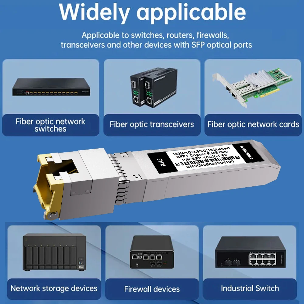 جهاز إرسال واستقبال COMNEN 10GBase-T إلى RJ45 SFP، جهاز إرسال واستقبال وحدة الألياف الضوئية Ethernet Copper RJ45 إلى SFP+، CAT6A/CAT7، حتى 30 مترًا