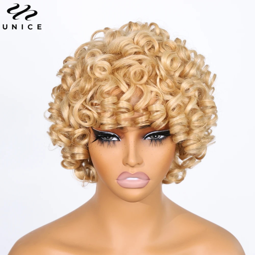 Unice Honey Blonde Bouncy Curly Bob Wig With Bangs 100% Human Hair Full Machine Made Human Hair Wigs for Women