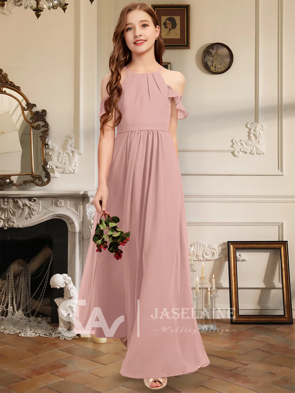 Темно-синее шифоновое платье трапециевидной формы с лямкой на шее длиной до пола, платье подружки невесты без рукавов с молнией сзади, платье с цветочным узором для девочек, торжественное свадебное платье