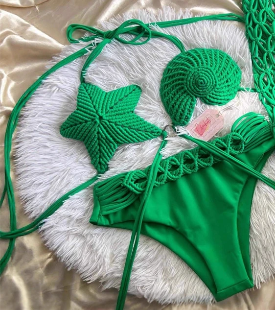 Women's Sexy Cross Criss Lace Up Crochet Crop Top Vest Camis Boho Knit Bikini Top Bra Beach Cover Ups Shell & Conch Swimwear