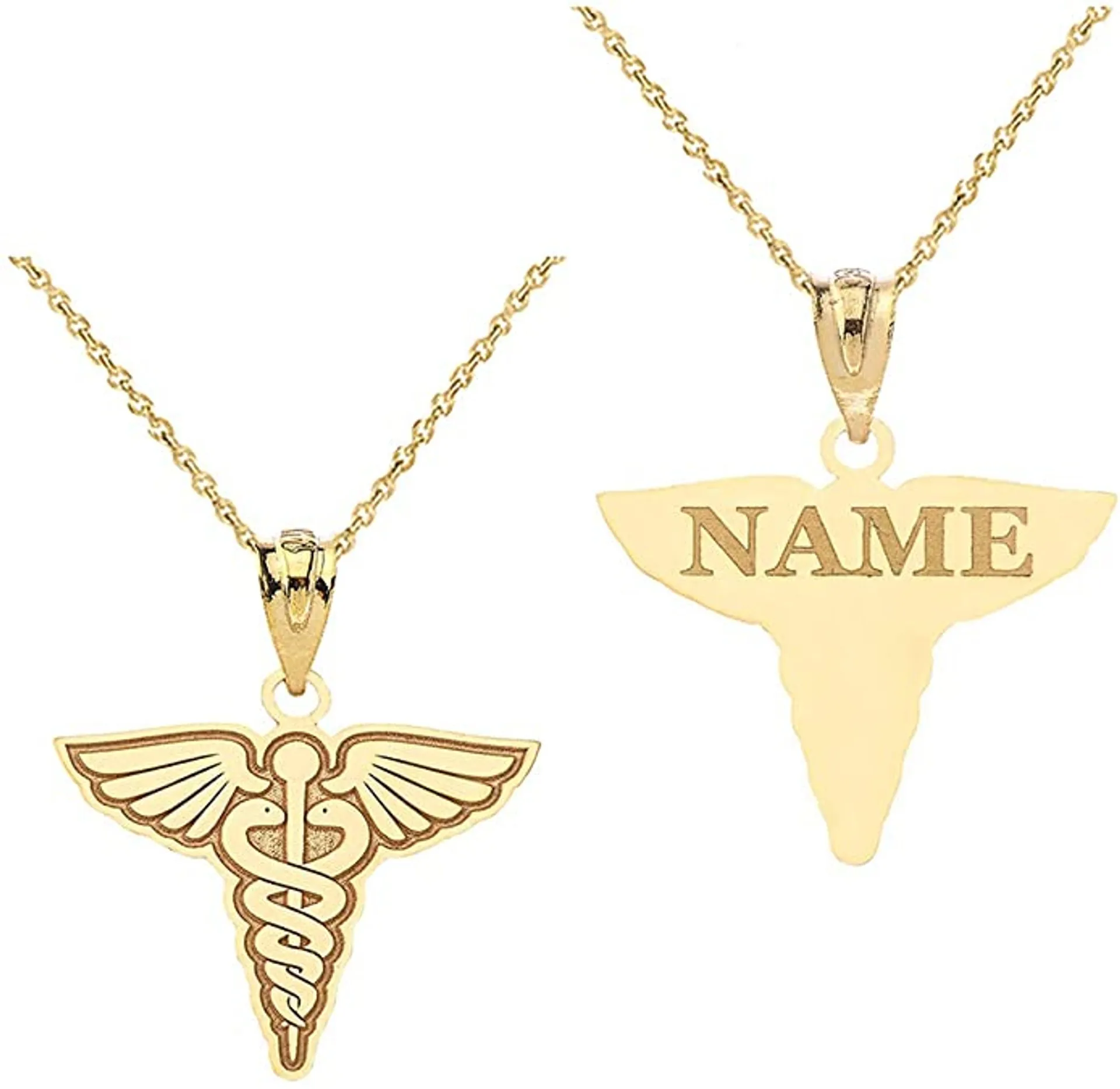 Personalized 18K Gold Plated Caduceus Medical Pendant - Custom Name Engraved Necklace for Doctors & Nurses (Yellow/Rose/White)