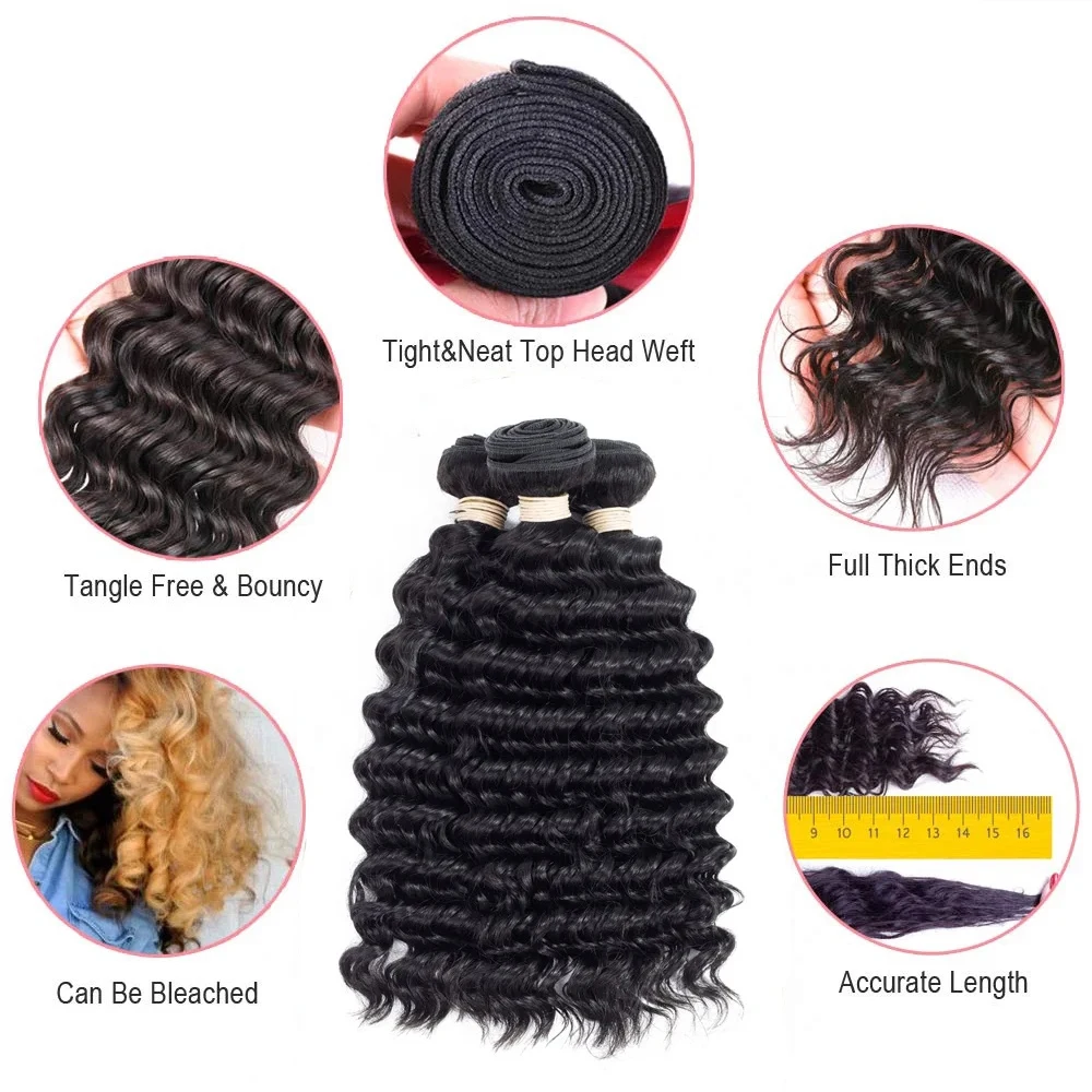 Bundles brésiliens de cheveux humains Deep Wave avec fermeture, cheveux bruts, 100% cheveux humains, extensions de cheveux humains, vrais cheveux humains