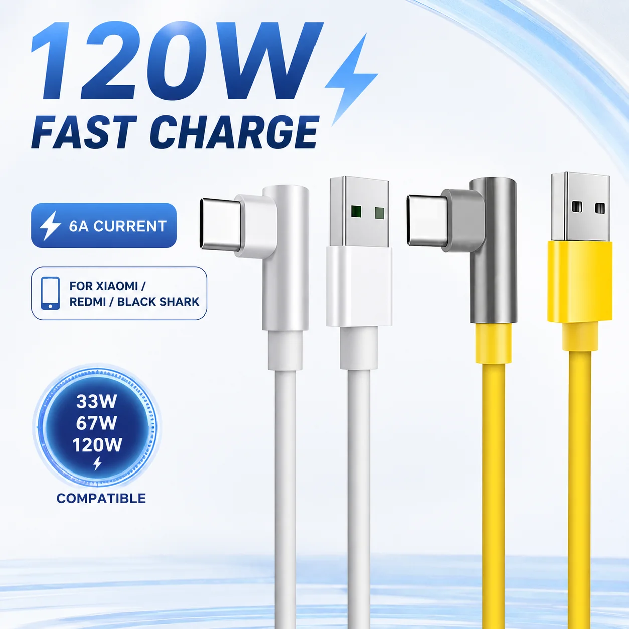 120W USB-A-zu-USB-C-Kabel, 6A-Schnellladekabel, 90-Grad-Winkelkabel Typ C für Datensynchronisation und Aufladung von Telefonen und Tablets