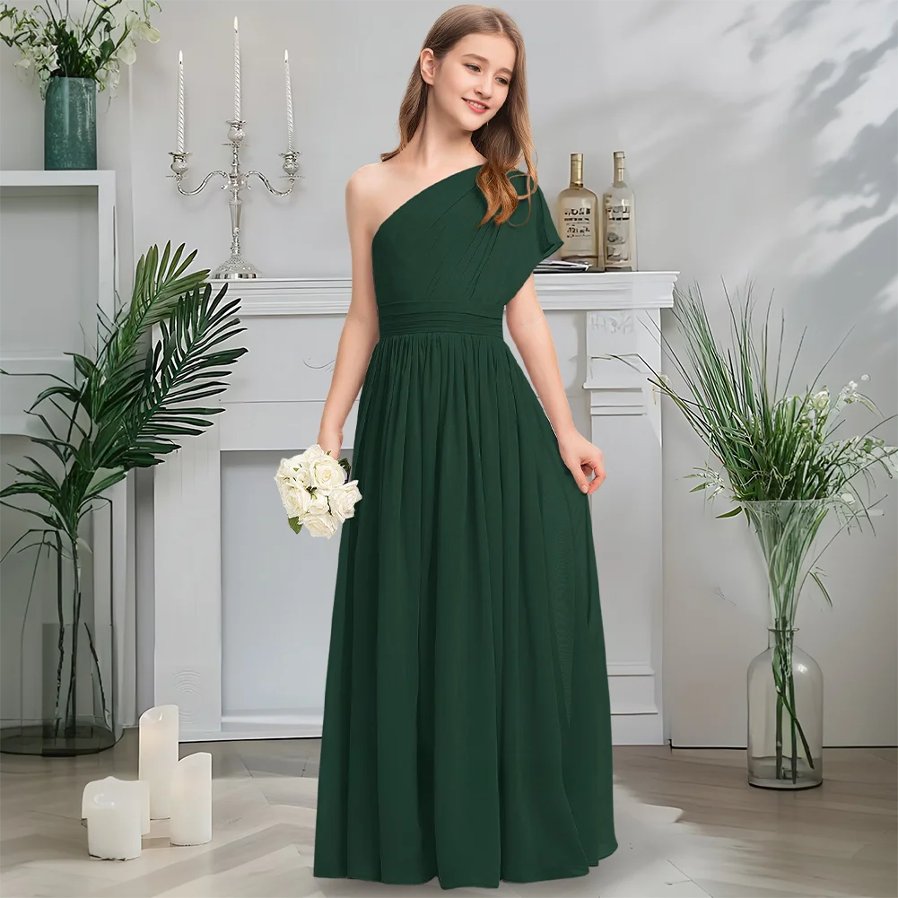 

Luxurious One-Shoulder Junior Bridesmaid Dress Twilight Mauve Flower Girl Dress Floor-Length Chiffon With Cascading Ruffles