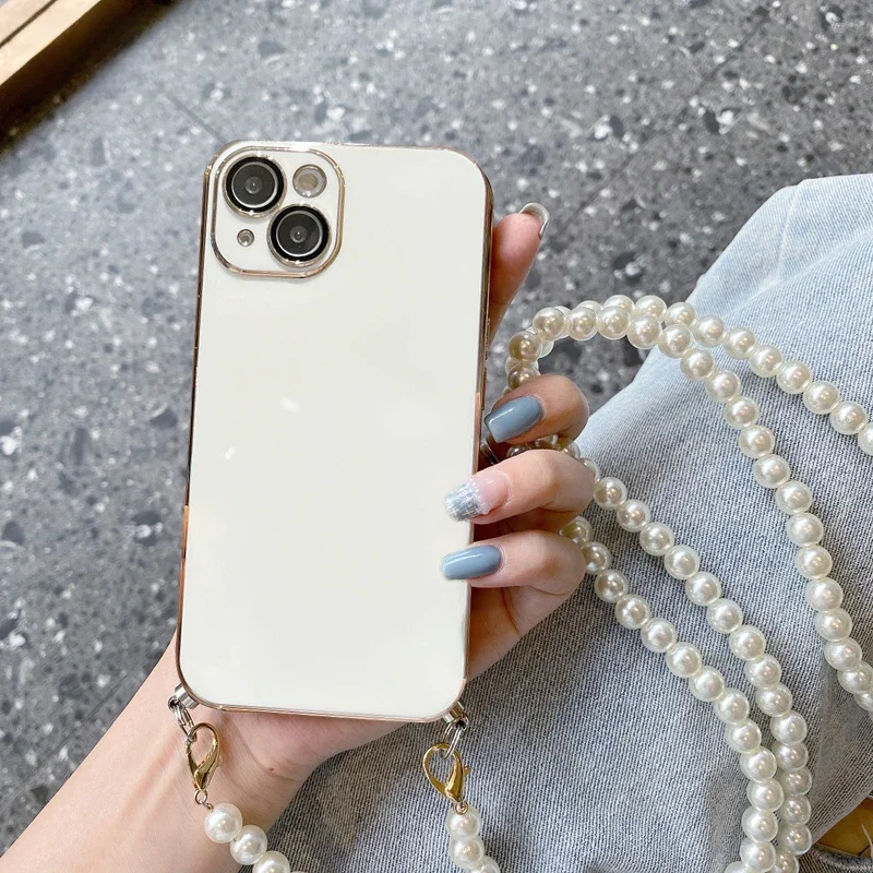 Etui na telefon z perłowym łańcuszkiem na szyję do iPhone'a 17 Air 16 14 15 13 11 12 Pro Max Mini 7 8, pokrywa z powłoką galwaniczną — zdjęcie 2