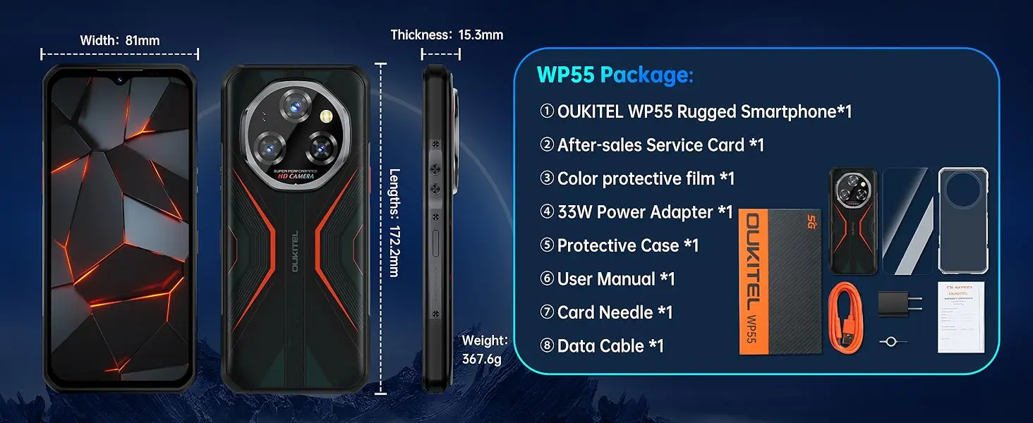 OUKITEL WP55 5G Rugged Smartphone - 36GB+256GB/2TB Android 15 Rugged Phone, 11000mAh Battery,6.6" FHD+ 120hz Phone,108MP Main Camera,Mobile Phones,IP68 IP69K MIL-STD-810H Waterproof Shockproof Dustproof,Outdoor Construction Work Smartphone OTG