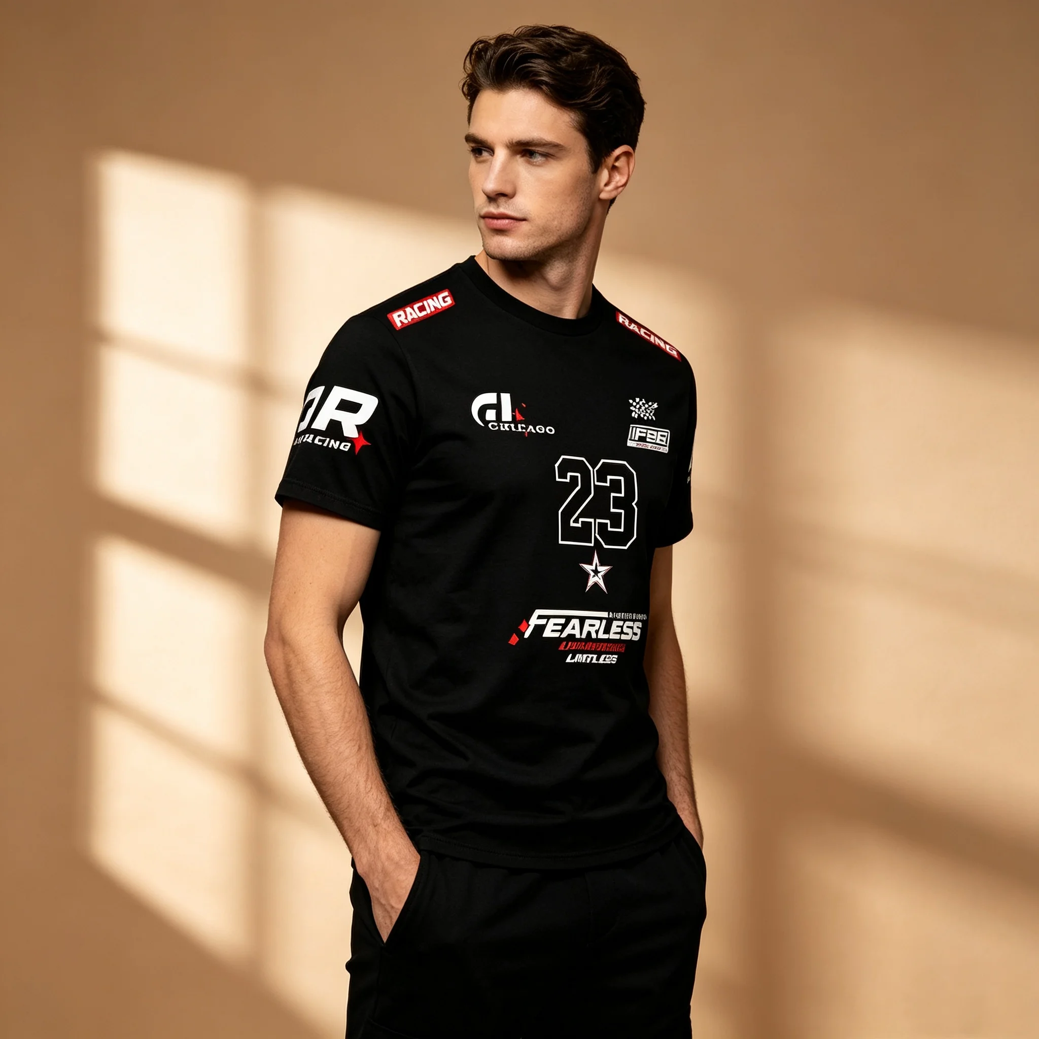 Men Racing Number 23 Graphic T-Shirt Black Short Sleeve Fearless Motorbike Race Print Casual Tee