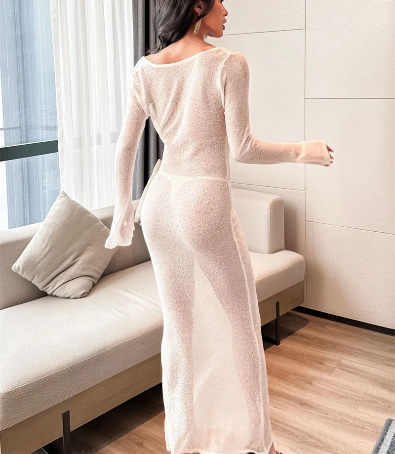 우아한 긴팔 시스루 니트 드레스 섹시한 백리스 크로셰 비키니 커버업 슬림 시스루 솔리드 수영복 (여름용)