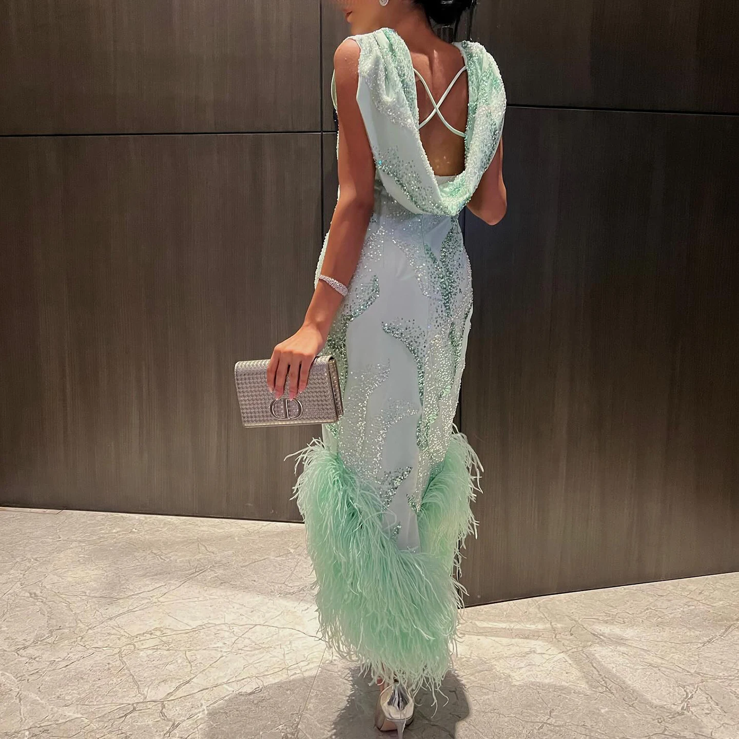 Sharon Said Luxury Dubai Feathers Sage Green Evening Dresses for Women Wedding Arabic Graduation Prom Dresses SS436 Customized