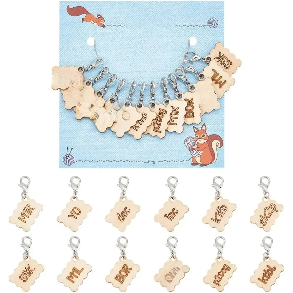 12 Stuks 12 Stijlen Houten Rechthoek Stitch Markers Houten Letters Haaksteek Marker Vergrendeling Stitch Marker Met Karabijn - afbeelding 2