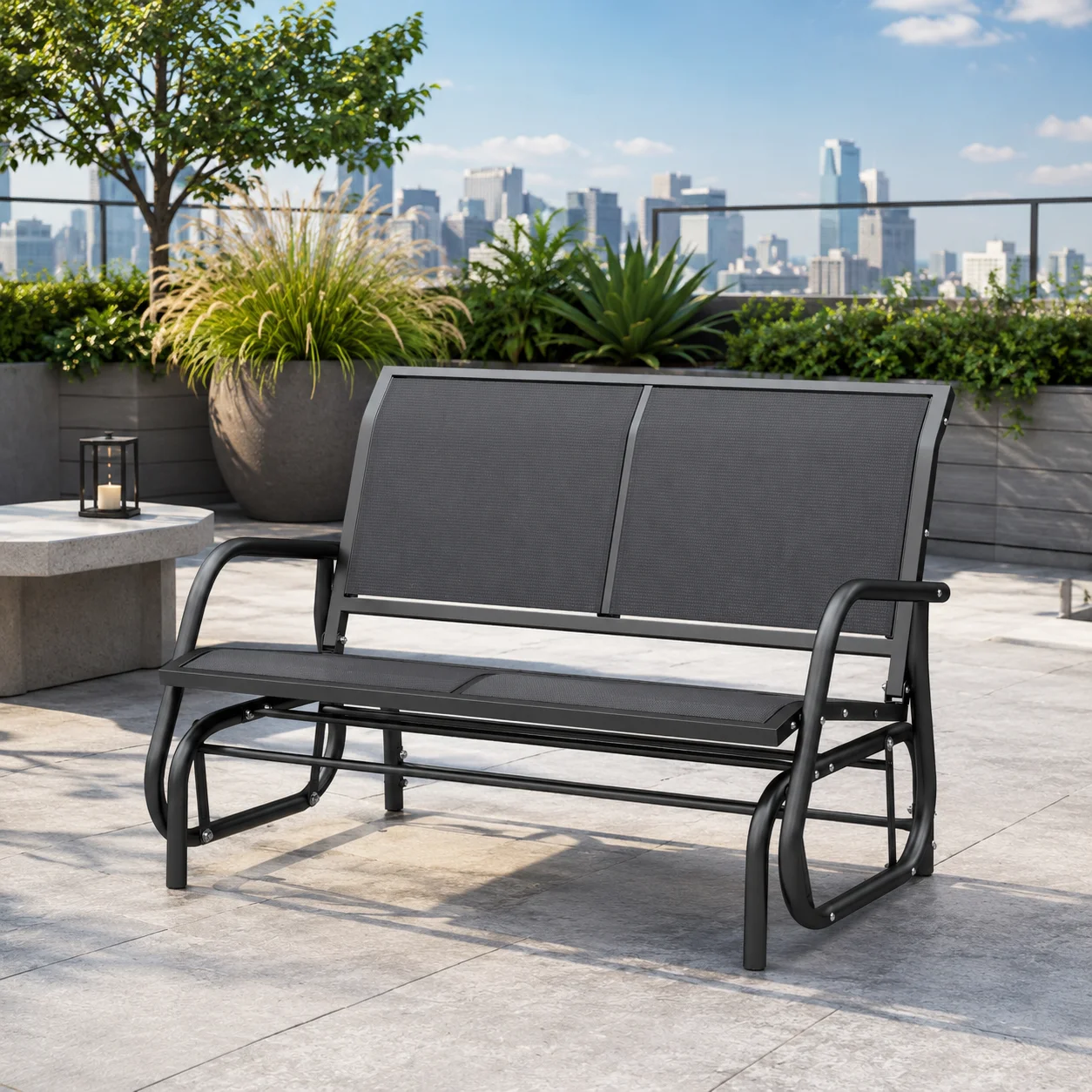 Banc à Bascule de Jardin 2 Places Design Contemporain Grand Confort accoudoirs Assise, Dossier Ergonomique Acier textilène Gris
