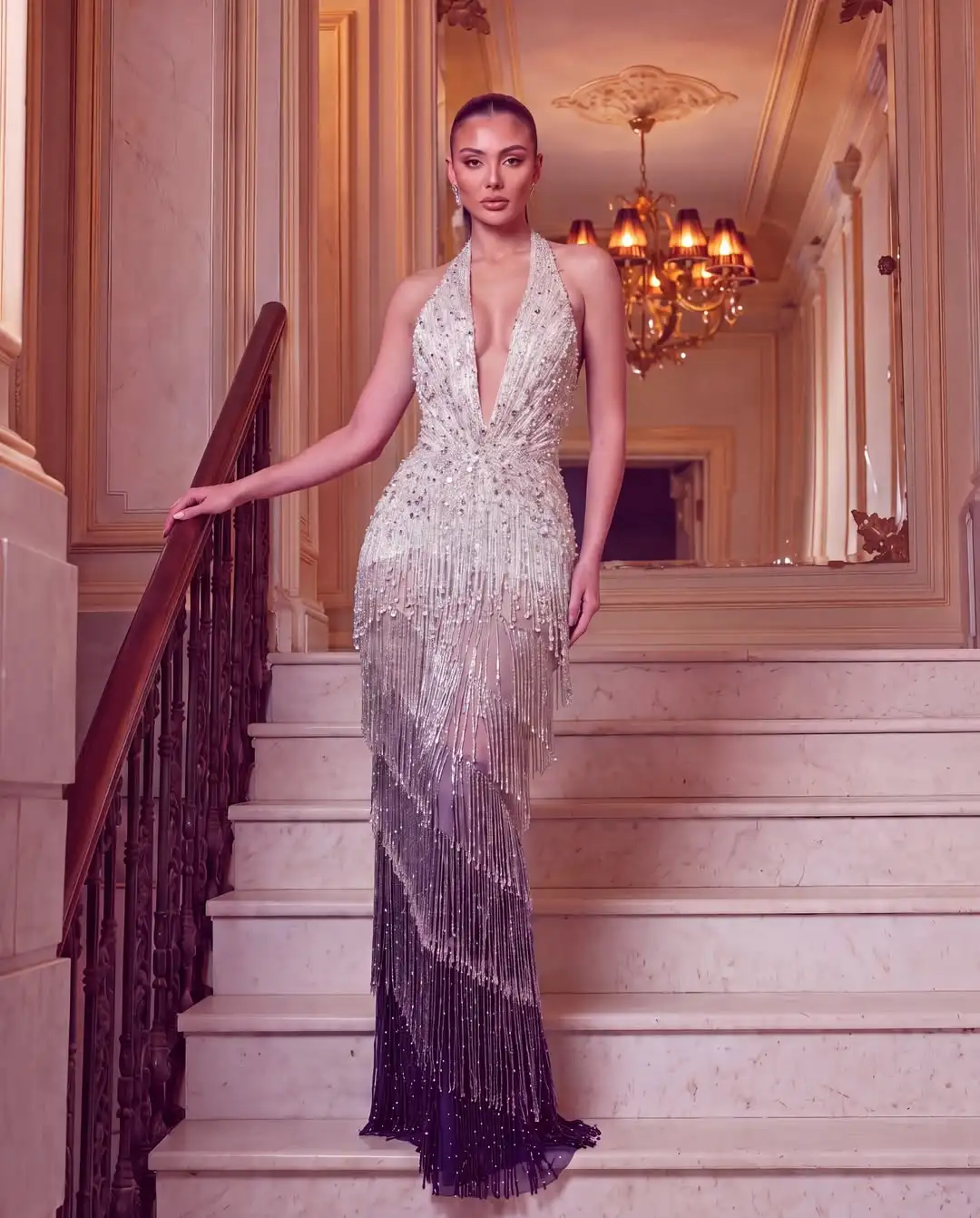 Silver Purple Gradient Evening Dress Halter Deep V Neck Hand Sewn Rhinestones Tiered Cascading Fringe Sheer Mesh Slim Floor Leng