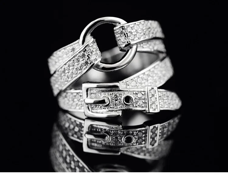 

Luxury Silver-Plated Buckle Ring with Sparkling Crystals