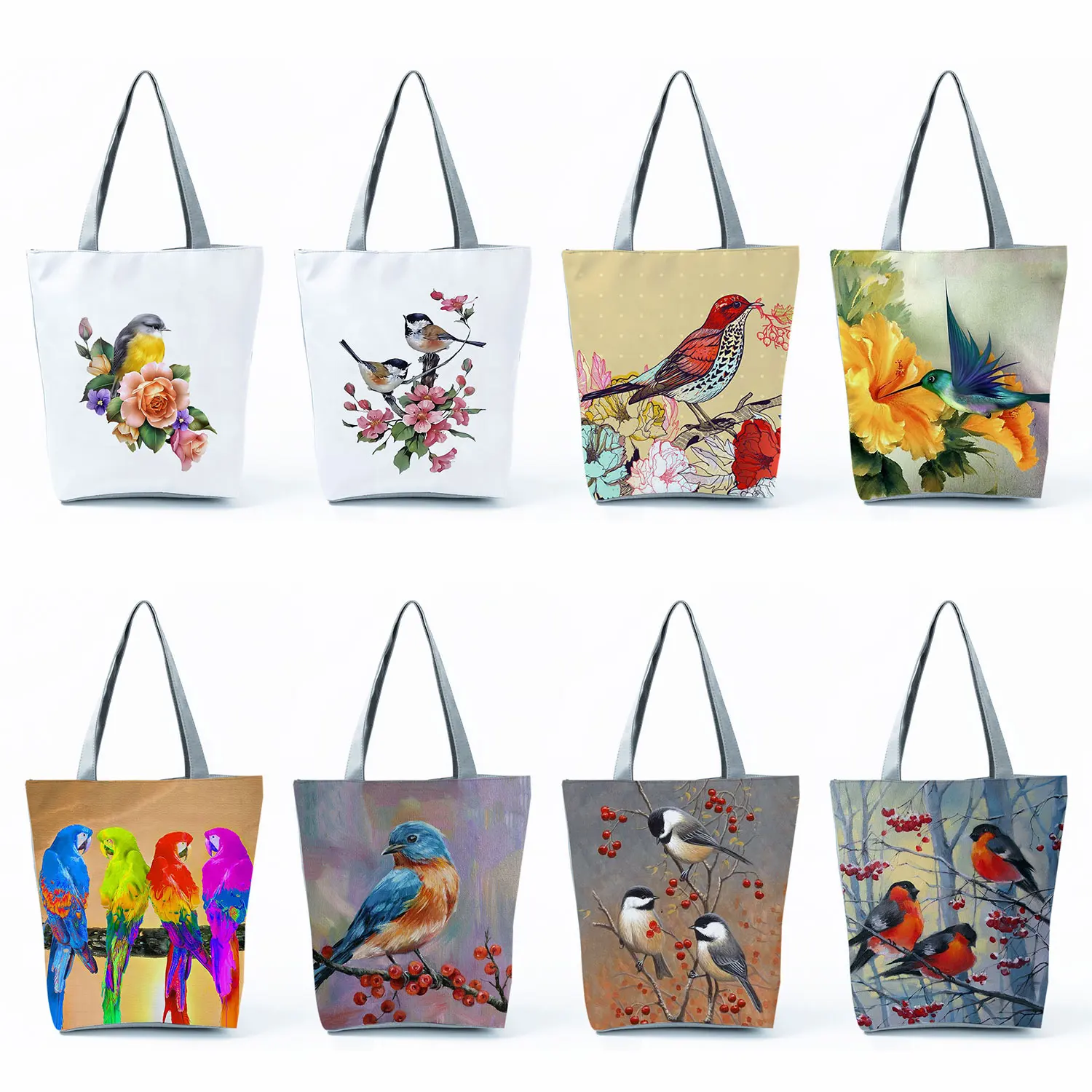 Floral Birds Tote Bags For Women Hummingbird Parrot Printed Handbags High Capacity Portable Shopping Bag Foldable Shoulder Bags