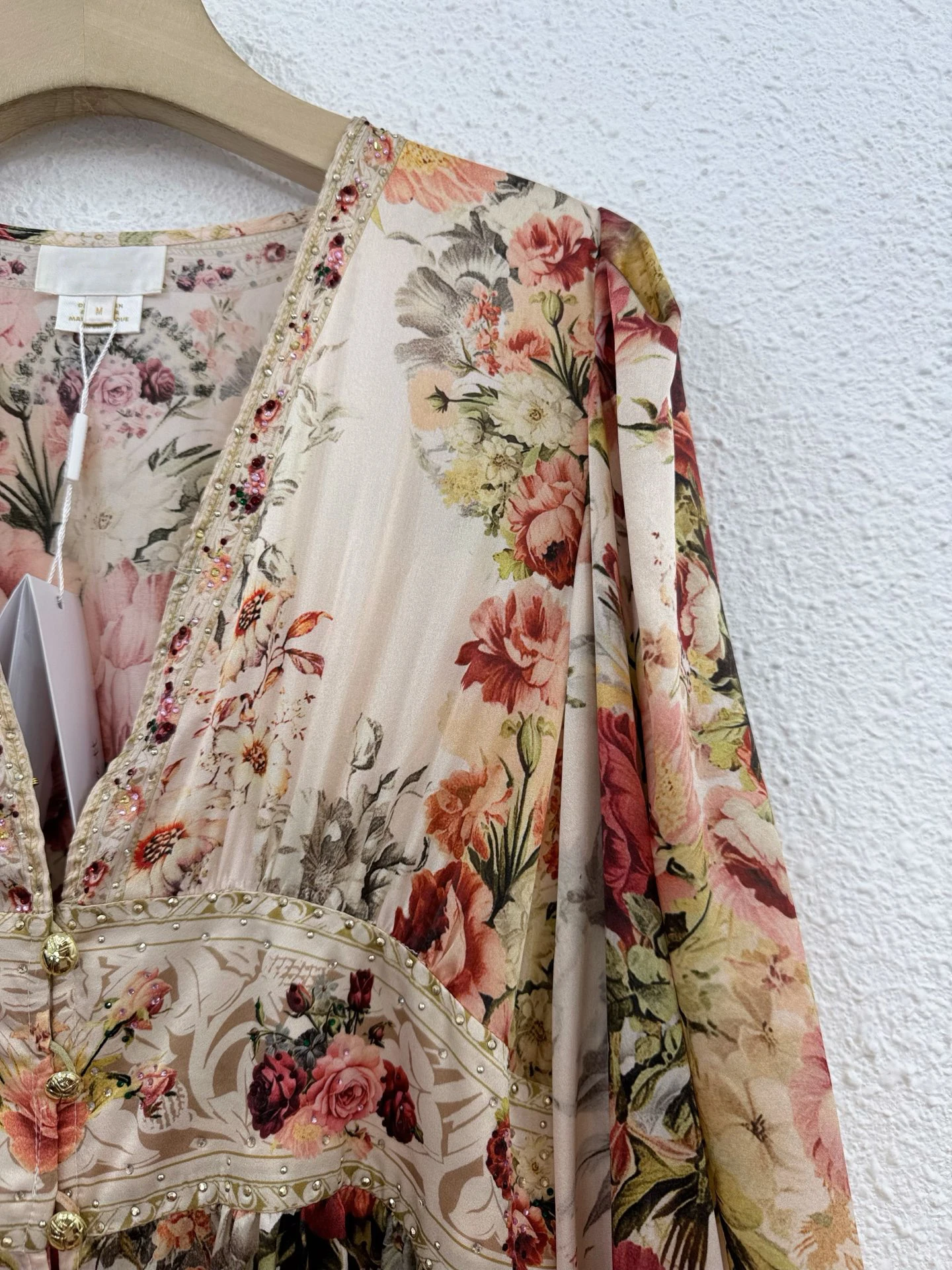 100% Real Silk Chic Beige Floral Print Mini Dress Women V-Neck Puff Sleeve Ruffle Hem Boho Dress