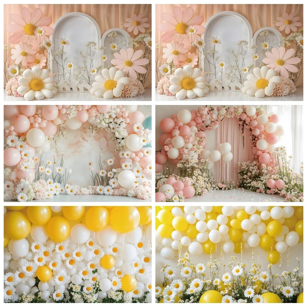 Printemps marguerite fleur bébé douche toile de fond Boho arc ballons fille gâteau d'anniversaire Smash pâques enfants Portrait photographie fond
