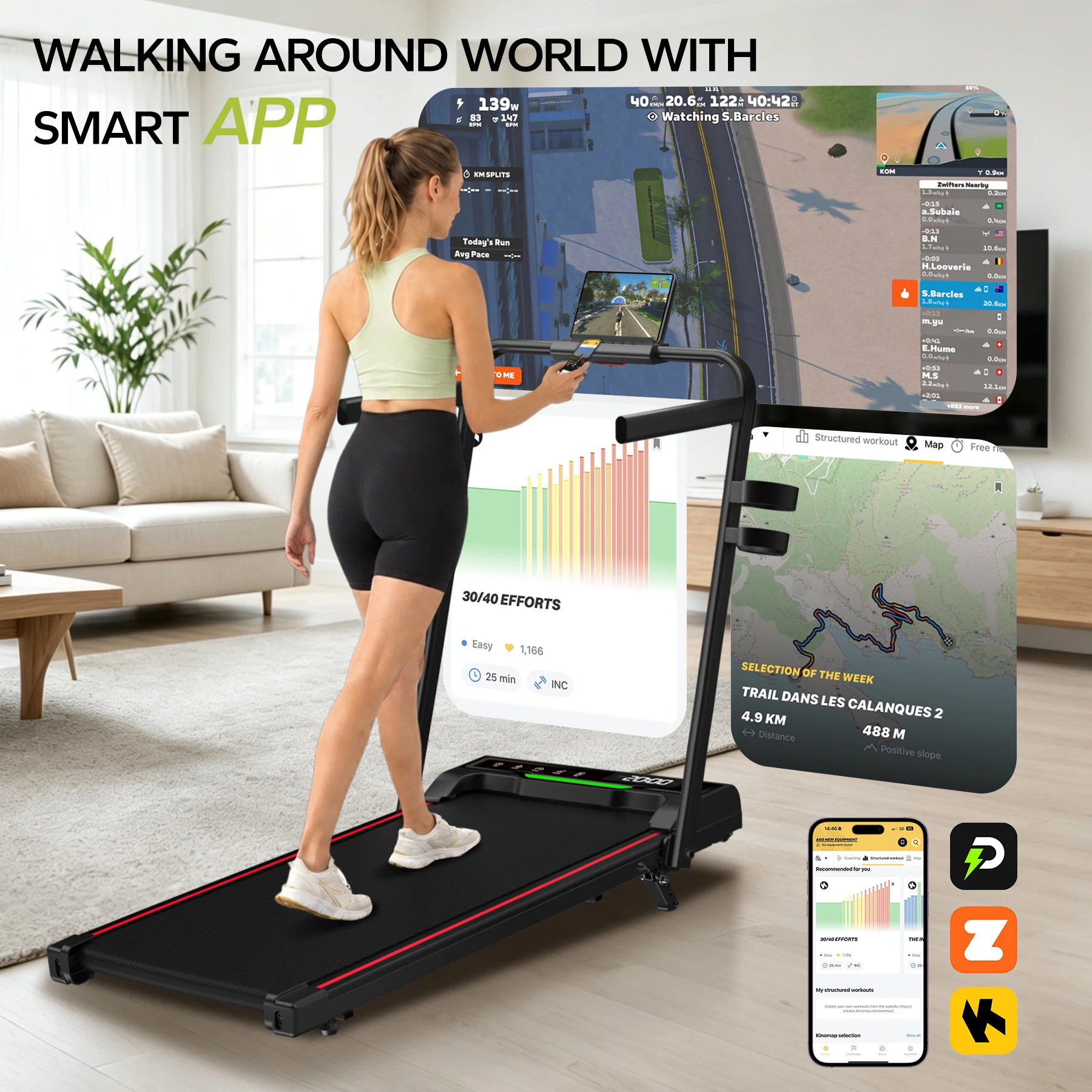 Tapis roulant compatto e pieghevole per uso domestico, con pendenza regolabile su 3 livelli, velocità da 1 a 14 km/h, indicatore luminoso della velocità, controllo tramite app, altoparlante Bluetooth
