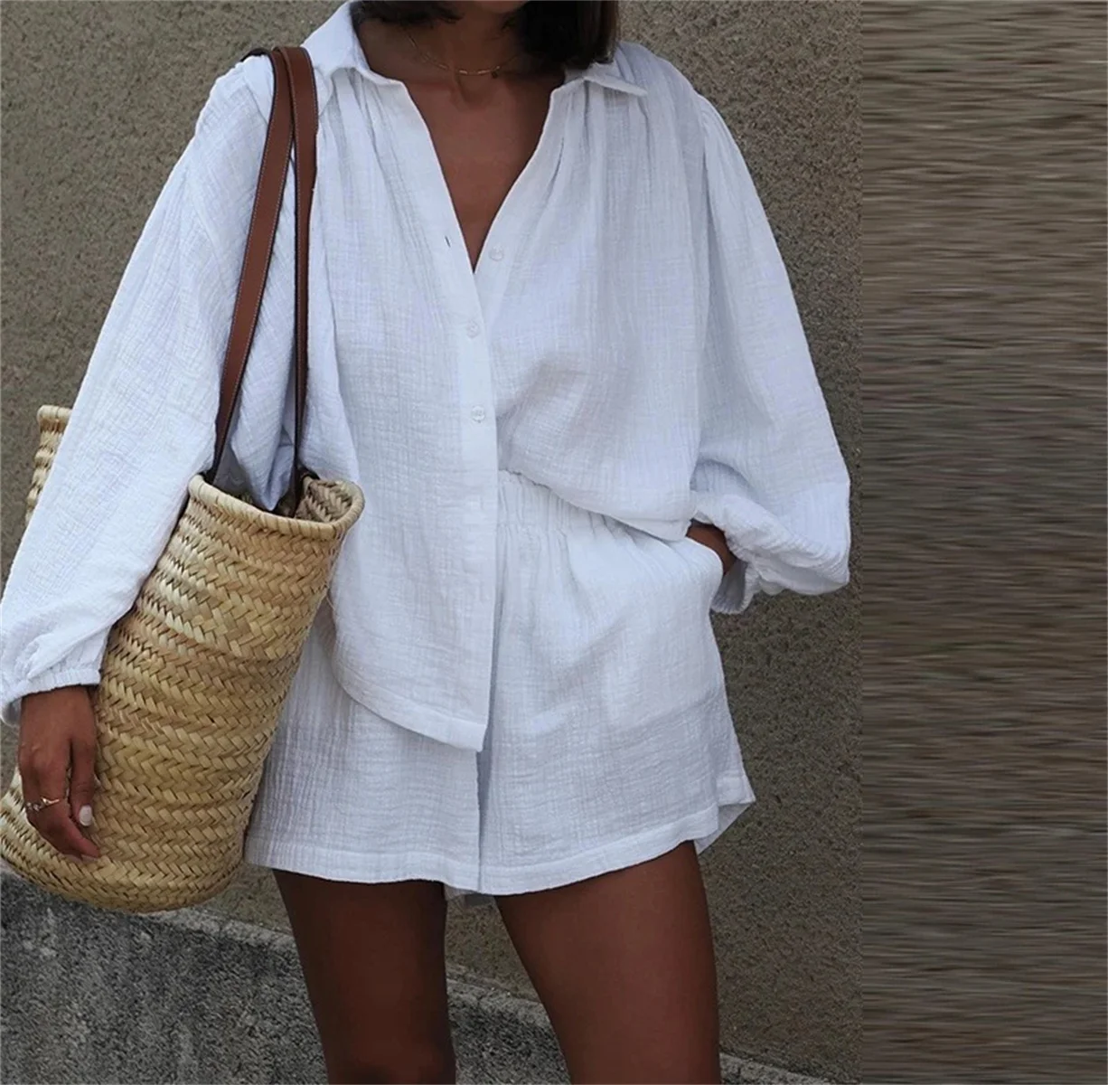 Lockeres Damen-Hemd-Set mit festem Knopf, lässig, langärmelig, elastische Taille, weites Bein, kurze Hosen, Anzug, 2022, Sommer, tägliches Pendler-Outfit