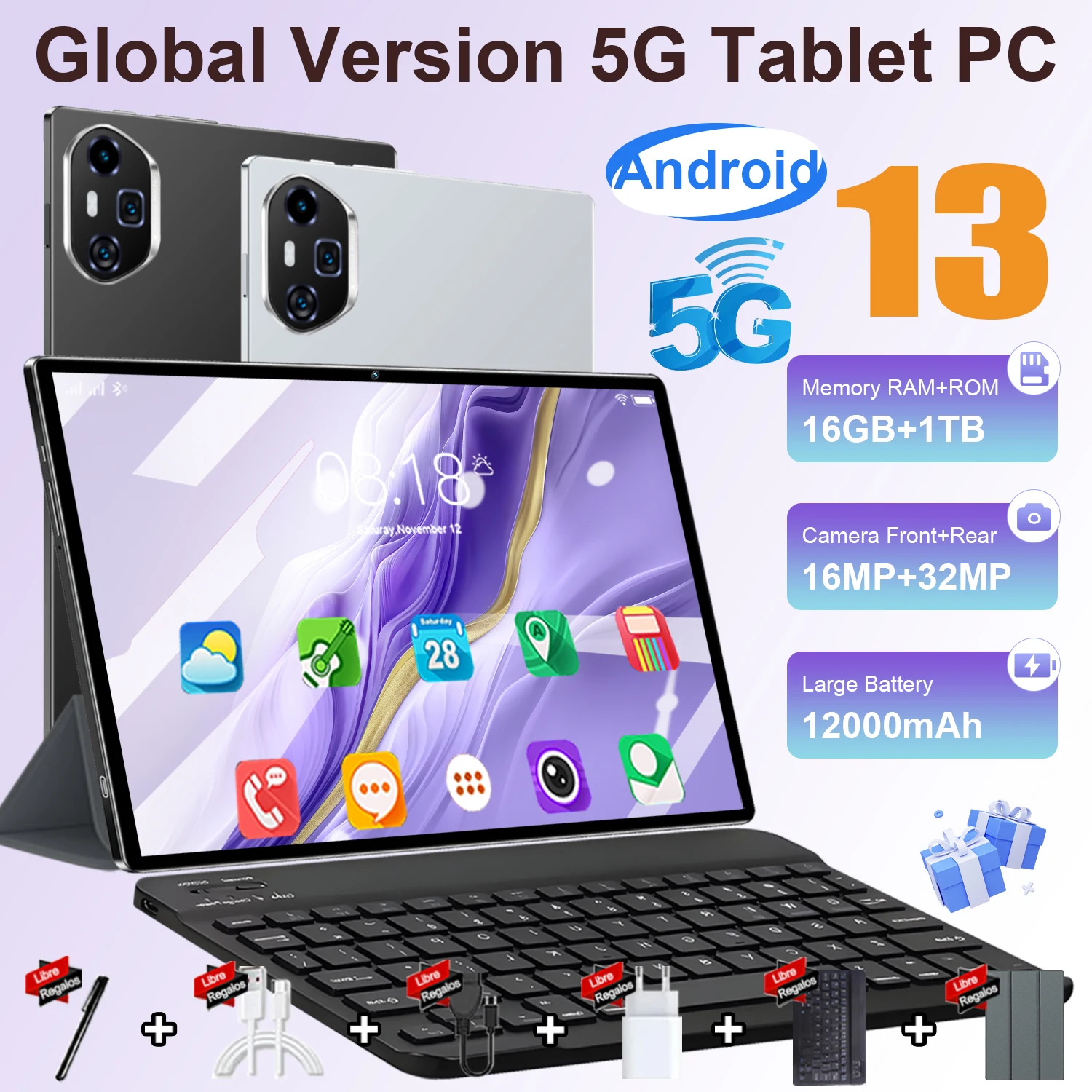 2025 Neues 5G-Tablet 10,36 Zoll HD-Display Android13 16GB RAM 1TB ROM 20000mAh 10-Kern Dual-SIM WLAN Bluetooth GPS WPS Mit Tastatur