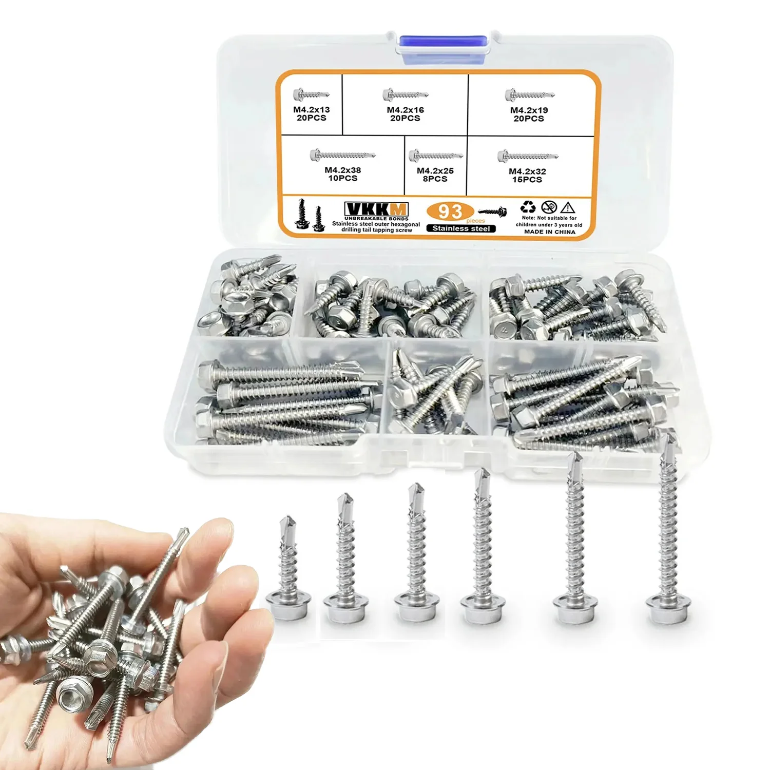 VKKM 93Pcs #8 Hex Flange Self Drilling Screws Kit, 410 Stainless Steel Self-Tapping Drill Bit Screws, Assorted Size Metal Roofing Screws for Metal Sheet, Window Frame, Wood & Metal Construction