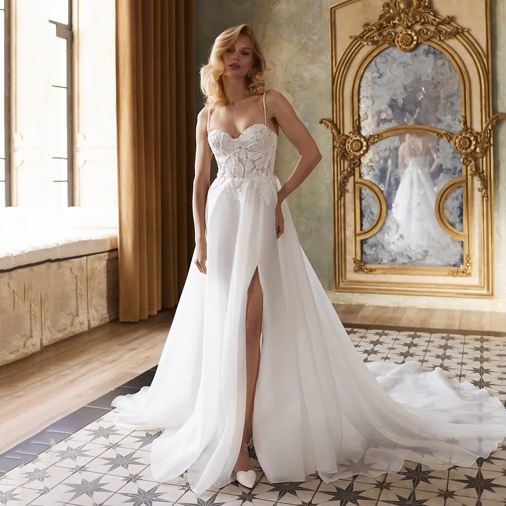 Msikoods Customized Luxury Wedding Dress Bride Beads Spaghetti Strap Lace High Slit A Line Bridal Dress Corset Brides Gown