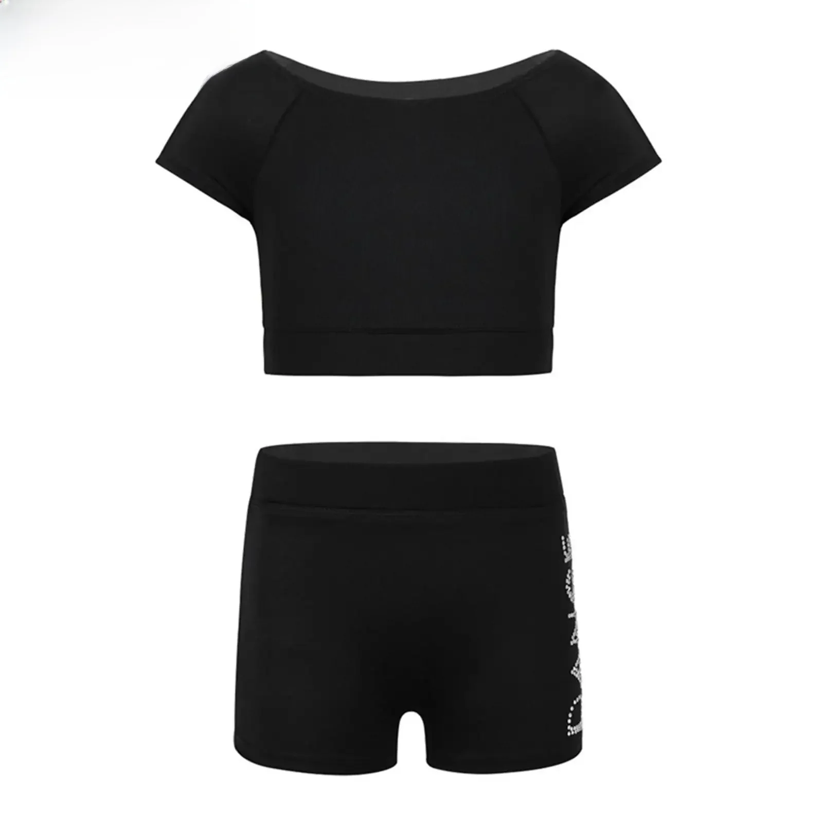 Dziewczęce czarne tankini z krótkim rękawem krótki top zestaw szortów dziecko taniec baletowy trening sportowy gimnastyka garnitury dziecięce ubrania taneczne — zdjęcie 2