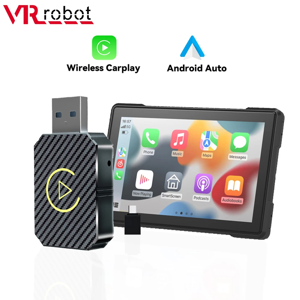 VR Robot Wireless Carplay Android Auto Dongle Mini Plug & Play 2 IN 1 Car Navigation Adapter WiFi BT Auto-connect