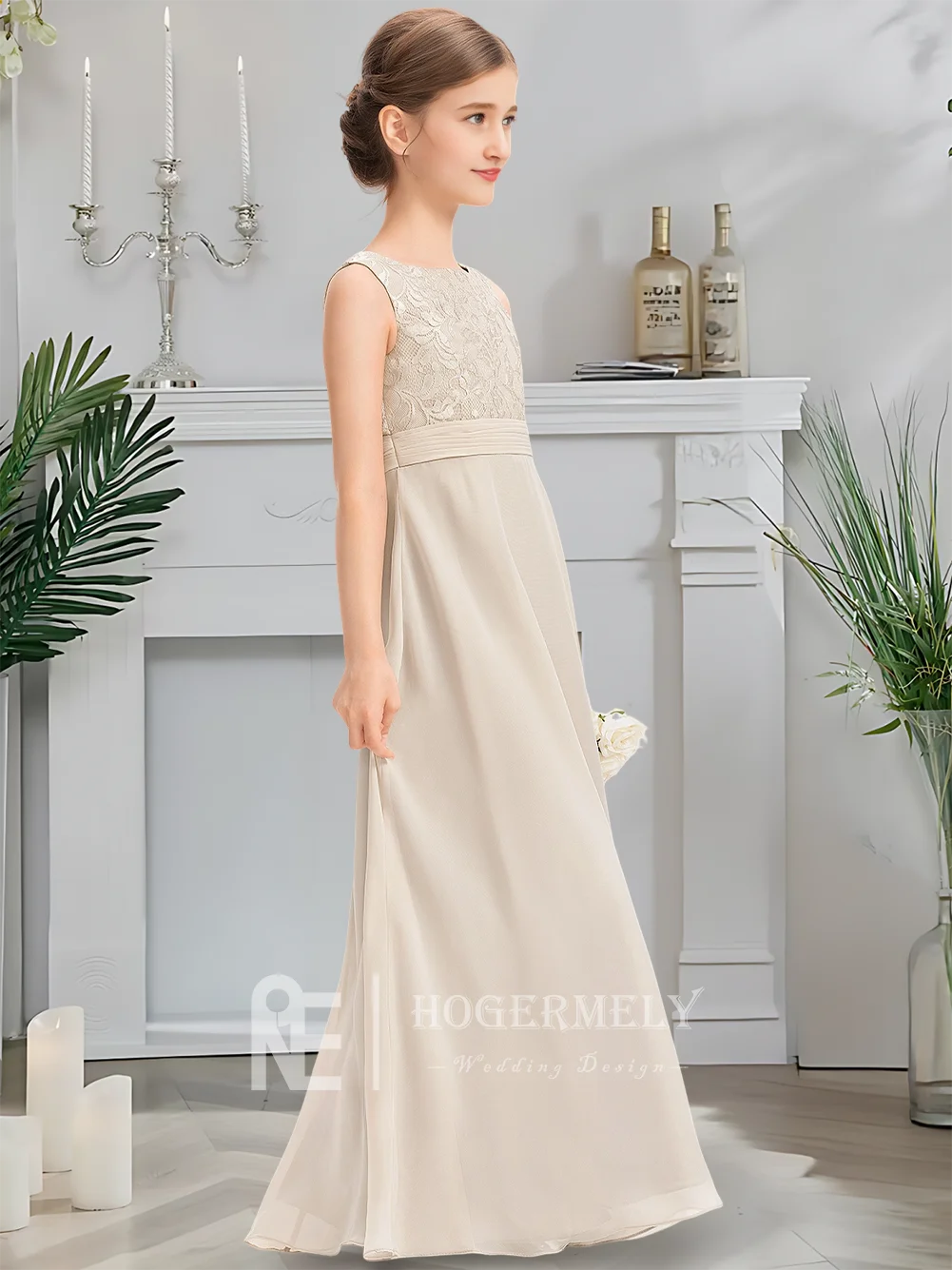 Платье трапециевидной формы для юных подружек невесты с круглым вырезом длиной до пола, шифоновое кружевное детское платье для причастия, изящное платье с цветочным узором для девочек, свадебное платье