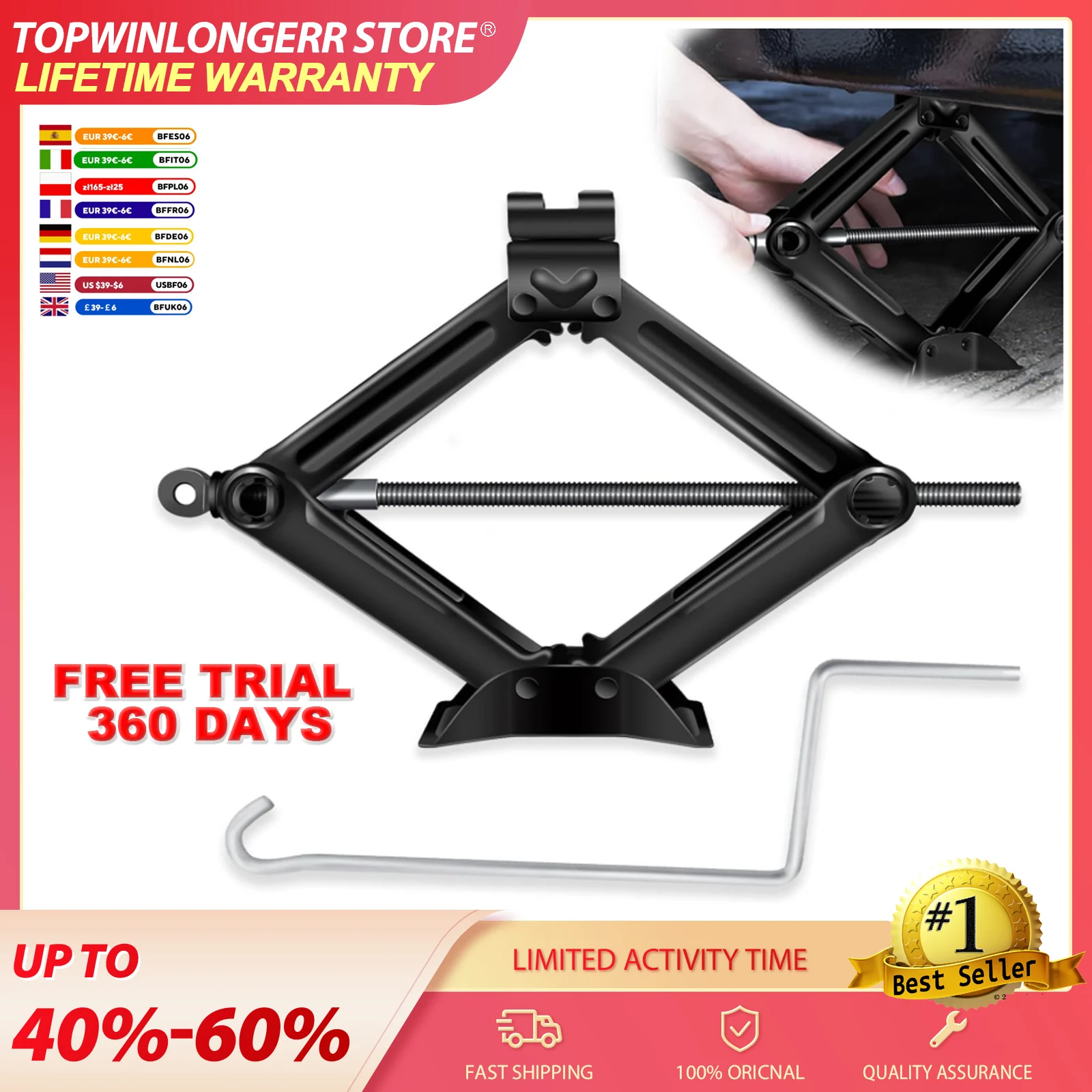 Gato de tijera, kit de gato compacto para coche de 2 toneladas/4409 libras, gato elevador de tijera para garaje con manivela cromada de elevación rápida, rango de elevación de 105 a 385 mm, gato elevador de coche, kit portátil para cambio de neumáticos para coches y SUV