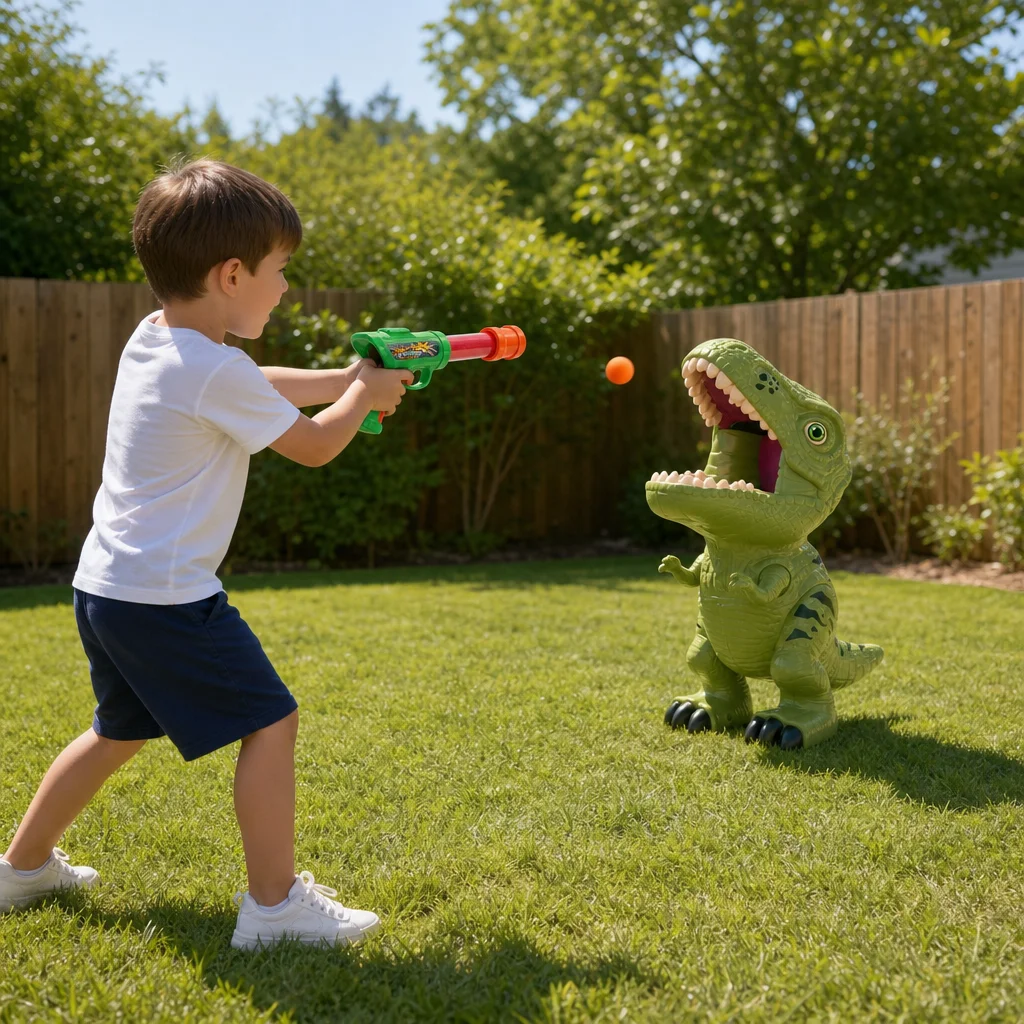 Gioco di tiro a tema dinosauri con pistola ad aria compressa e 12 palline di gommapiuma, T-Rex con luci e suoni, giocattolo per bambini dai 3 anni in su, idea regalo.