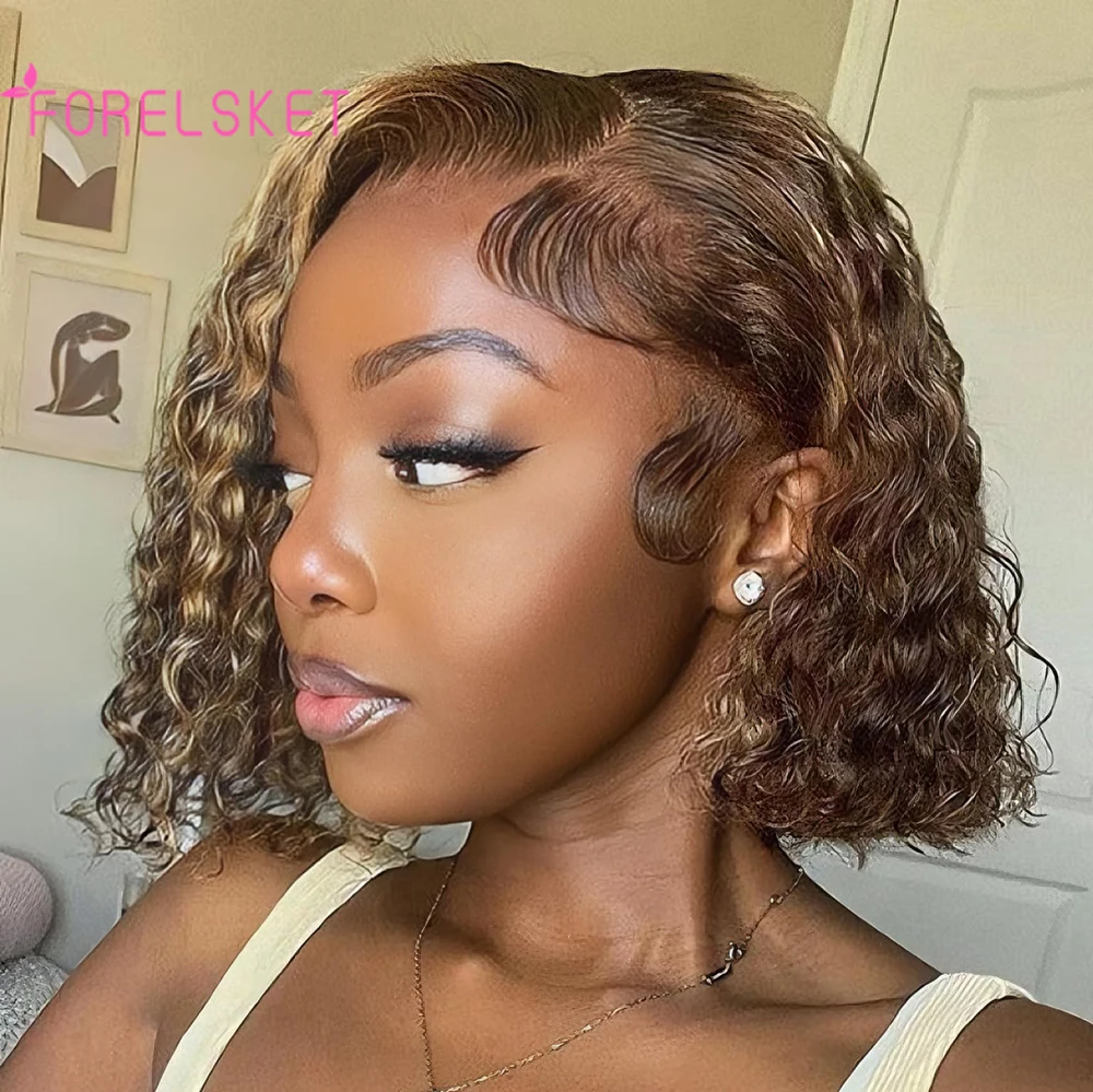 

13x4 Highlight Color Lace Frontal Wig Human Hair Deep Wave Wave bob Wig 4/27 Ombre Colored Glueless Wigs Pre Plucked 10 inch