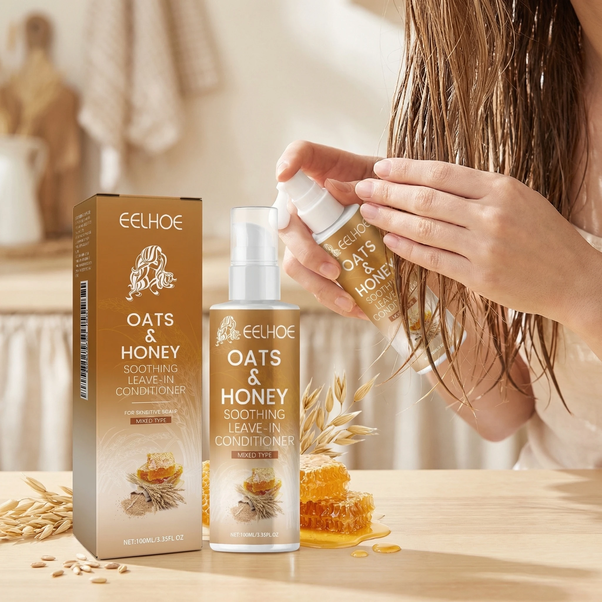 

EELHOE 100ML Oats & Honey Soothing Leave In Conditioner Daily Use Moisturizing Nourishing,Detangle Dry Hair, Soothing Scalp Care