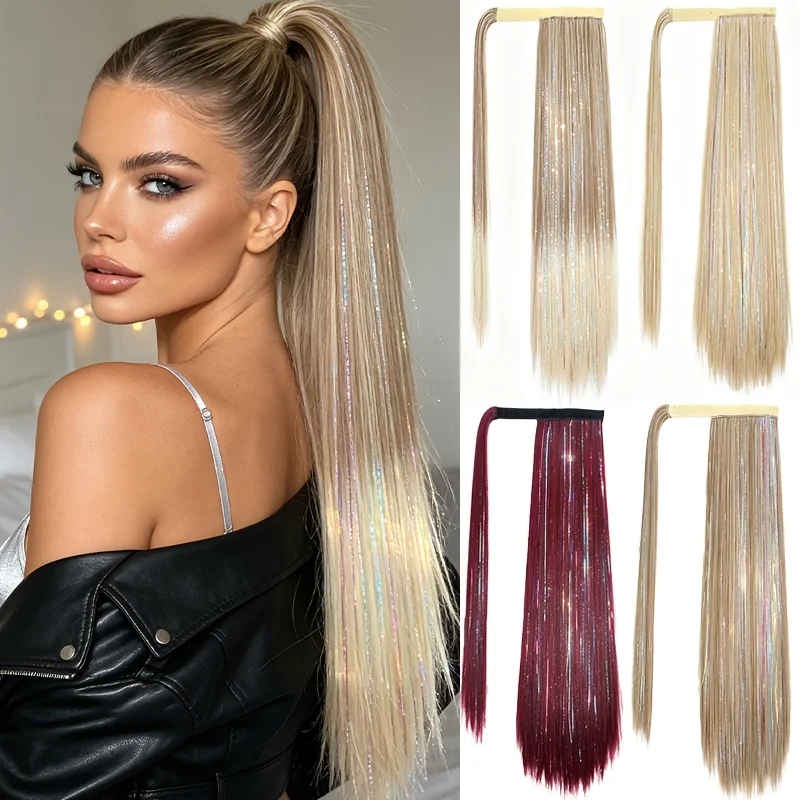 Long Straight Synthetic Wrap Around Ponytail Hair Extensions With Glitter Strands Highlight Clip In Ponytail Hairpiece for Women