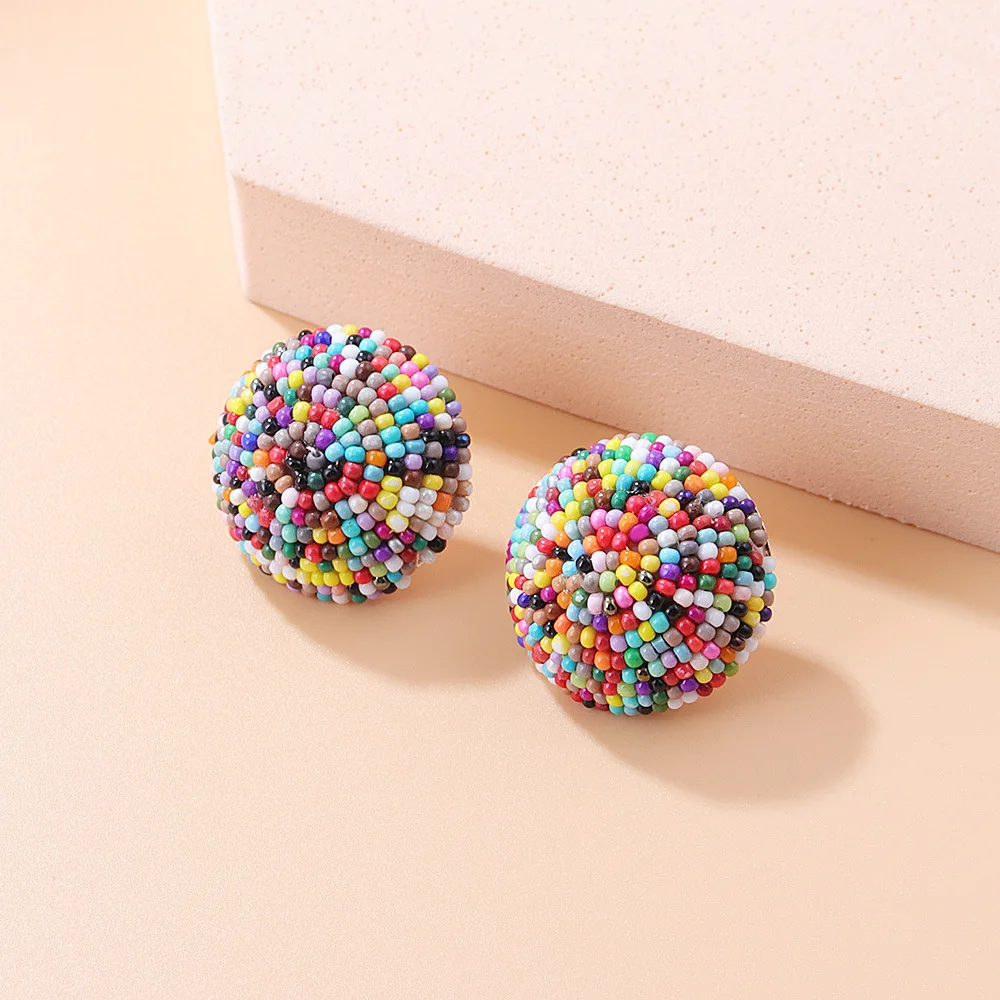 Vintage Exaggerated Boho Rice Beads Stud Earrings for Women Ethnic Colorful Half Ball Shaped Handmade Earrings Party Jewelry