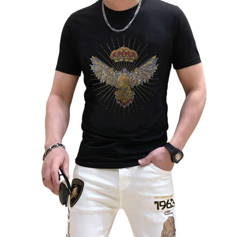 

BORUNKE Luxury design 100% Cotton Tee Shirt Designer Rhinestone men top tees T-Shirt