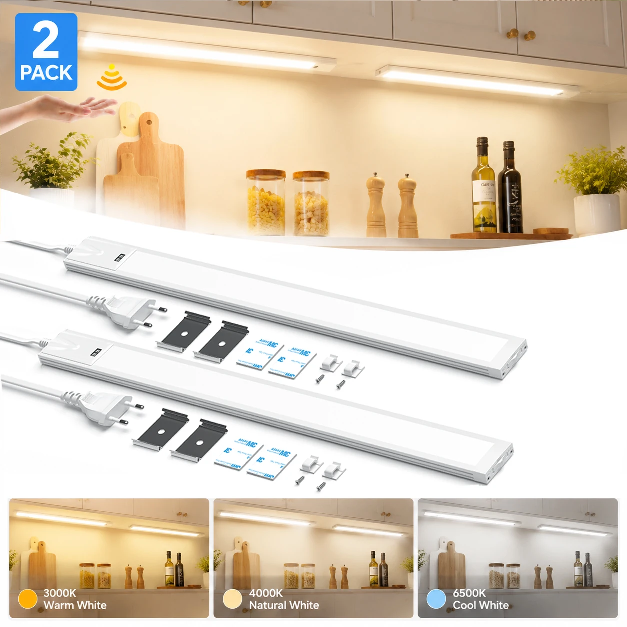 2er-Pack 16-Zoll LED-Unterbauleuchten, steckbar, dimmbar, mit Wellensensor, manuelle Küchenschrankbeleuchtung mit 3 Farbtemperaturen, 96 LEDs, 700LM, Schreibtischlampe für Regale und Schränke