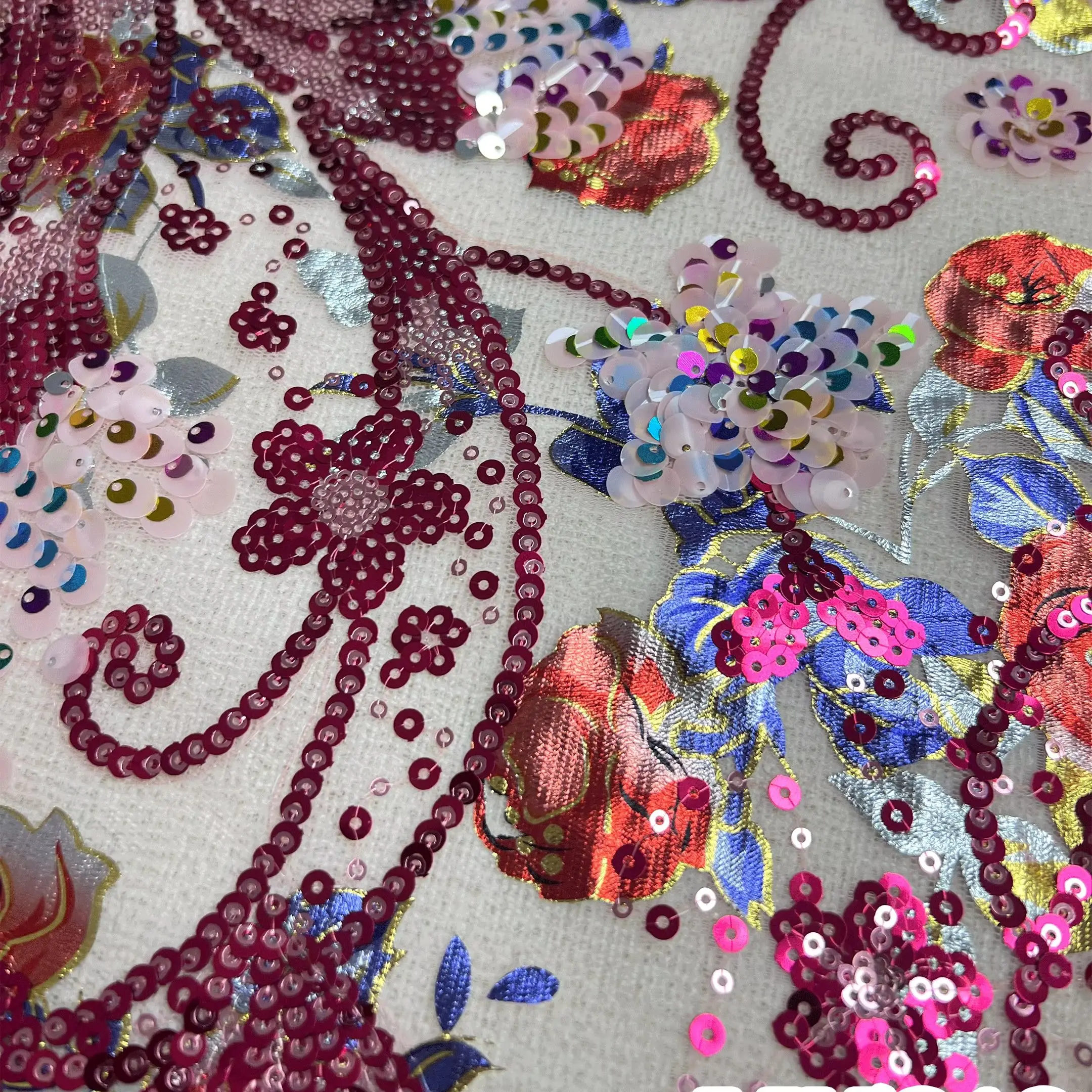 

Colorful Floral Printed Mesh Lace Fabric with Sequin Embellishment Bold Modern Design African 2025 High Quality for Evening Gown