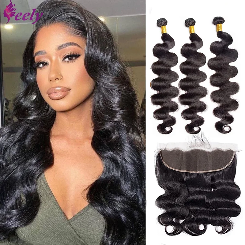 Mèches Body Wave brésiliennes naturelles, cheveux vierges, 13x4, d'oreille à oreille, lots de 3