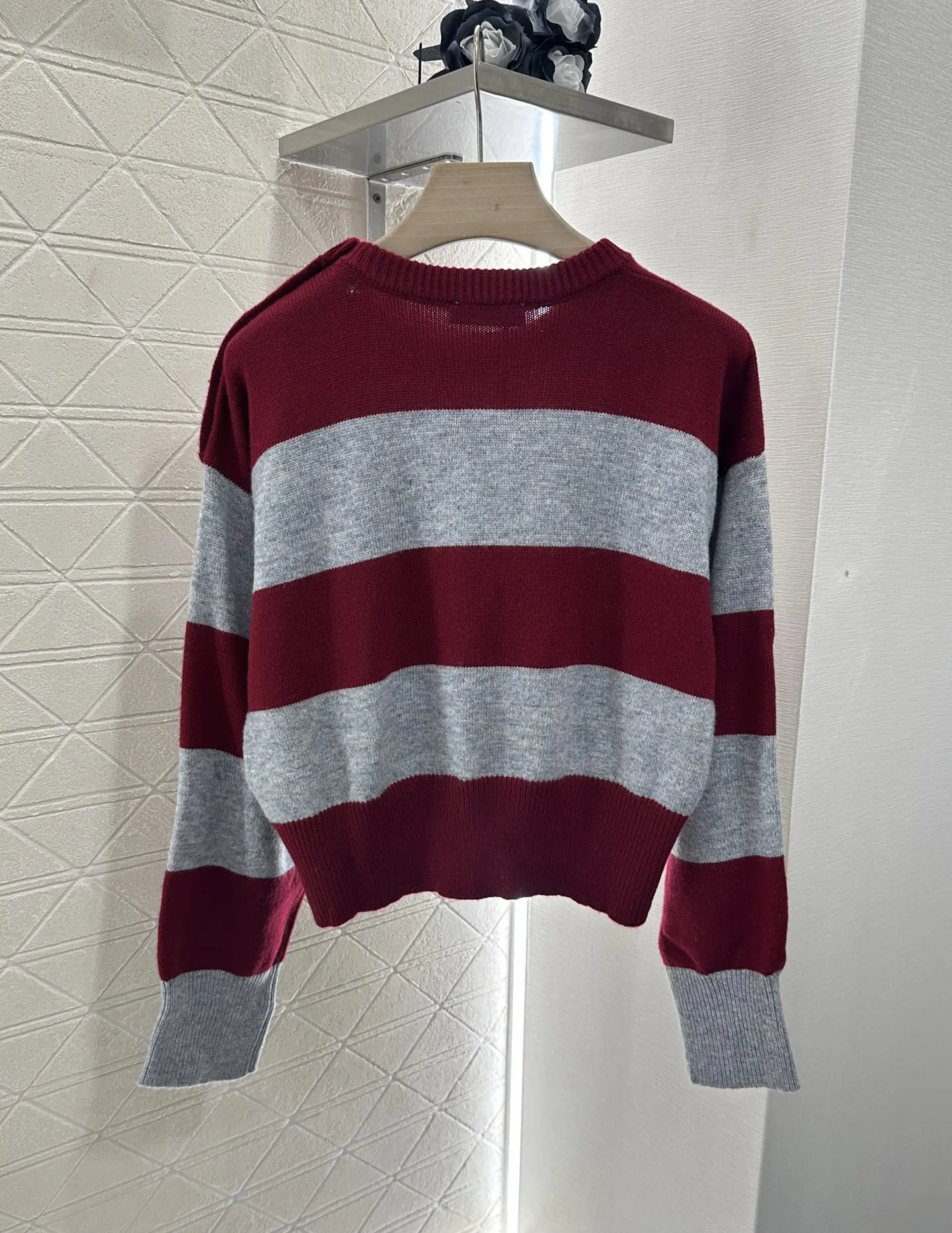 

A New Type Of Red And Grey Striped Round-neck Sweater With Letters For Women