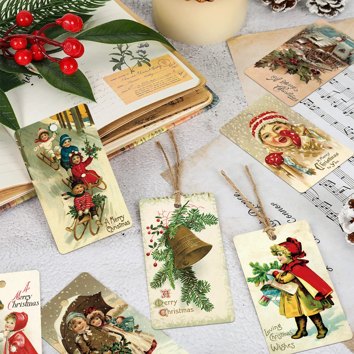 50pcs Christmas Gift Tags with 10m Hemp Rope, Hang Tags for Handmade Items, Packaging Tags for Wedding Party Christmas Supplies