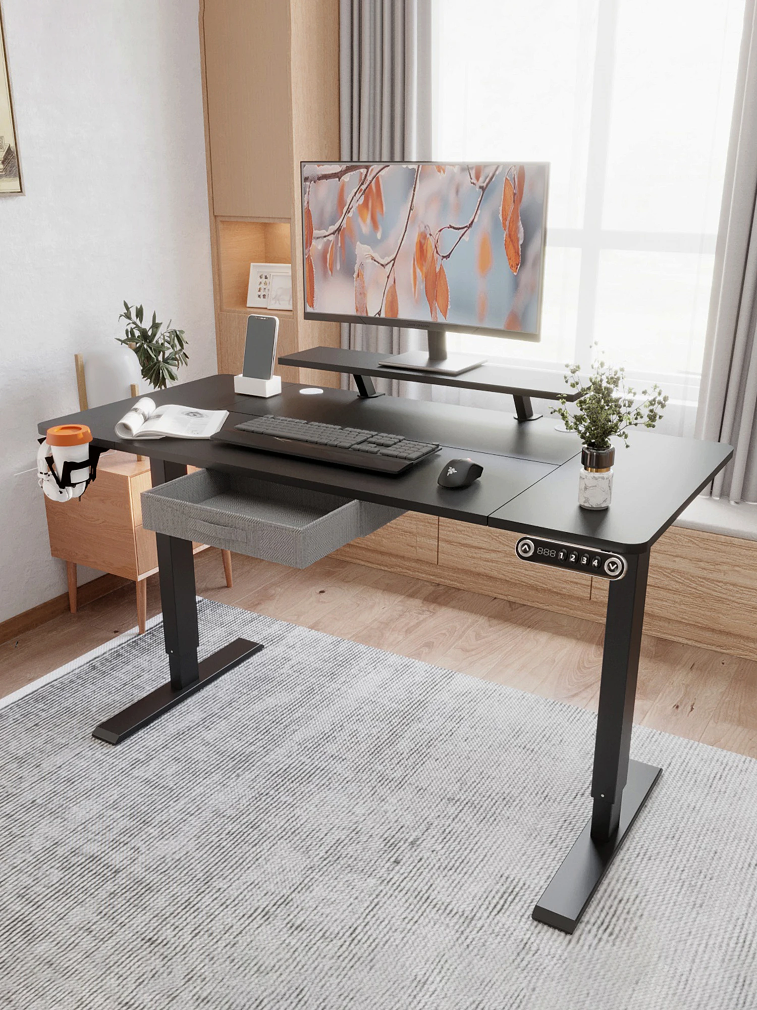 Radlove 140cm Höhenverstellbar Elektrischer Schreibtische Bürotische mit Monitorständer und Schublade, Black