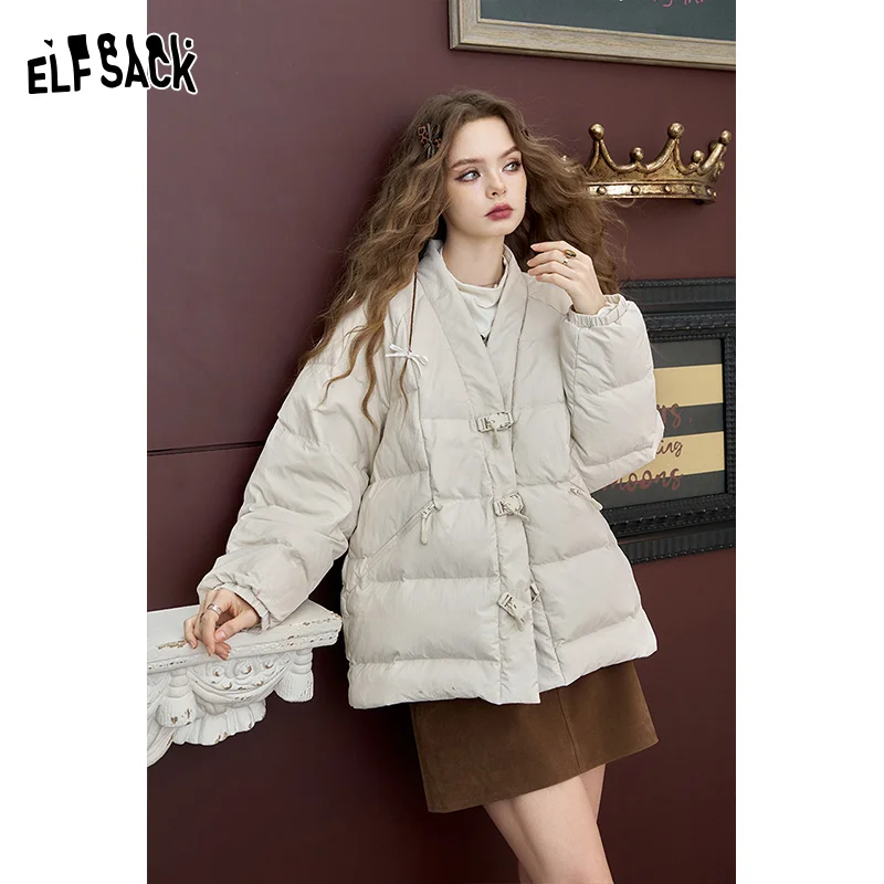 ELFSACK 2024 Winter New Arrivals Neo-Chinese style v-neck silhouette down jacket for women glitter jacquard fabric short warm co