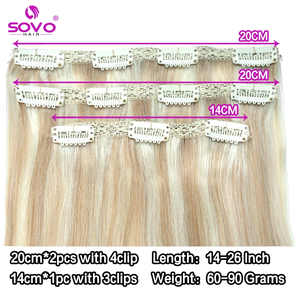 SOVO-Clip em extensões de cabelo, cabelo humano natural real, osso reto, extensão do cabelo europeu, 60G, 14 "-20", 3 pcs