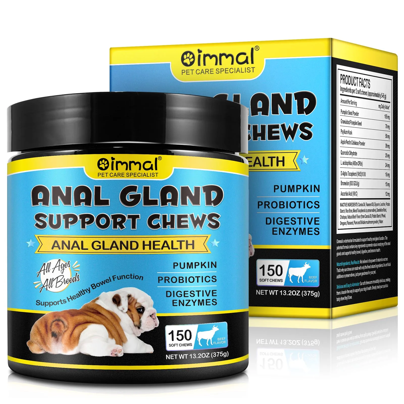 Anal Gland Soft Chew Treats with Pumpkin for Dogs Digestive Enzymes Probiotic Fiber Supplement Support Healthy Bowel Beef Flavor