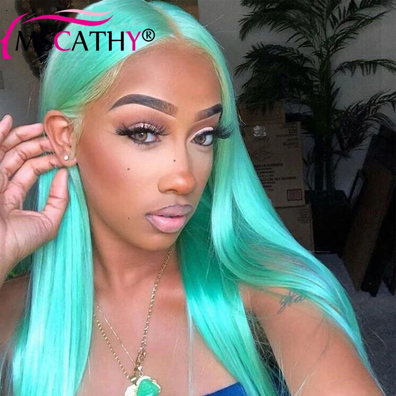 

Mint Green Colored Human Hair Wigs 180% Density 13x4 HD Lace Frontal Wig 24 Inch Straight Lace Front Wigs For Women Pre Plucked