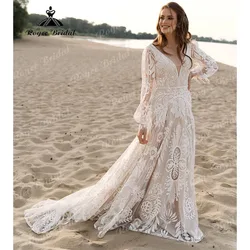 vestido novia bohemio Long Sleeve Lace Boho Hippie Elopement Wedding Dress for Women 2025 Beach Bridal Gown Customized Tassels